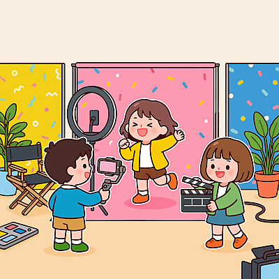 어린이 일러스트 모션 스튜디오 조명 카메라 촬영 장비 즐거움 장면 영상 크리에이터 국내일러스트 AI파일 직업 감정 사람 전자제품 파일형식 벡터 1인미디어