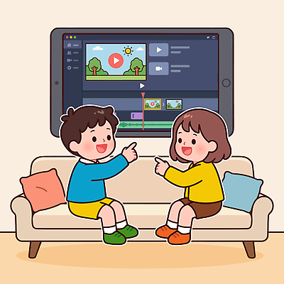 편집 어린이 일러스트 가족 모션 놀이 실내 이야기 대화 웃음 친구 소파 태블릿 스크린 즐거움 영상 크리에이터 국내일러스트 AI파일 직업 감정 의자 관계 표정 말하기 사람 내부 전자제품 스마트기기 파일형식 벡터 1인미디어