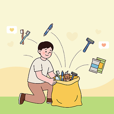 남자 일러스트 앉기 필기구 사무용품 칫솔 오브젝트 정리 면도기 동물인형 쓰레기봉투 꺼내기 국내일러스트 AI파일 인형 모션 문구용품 봉투 사람 위생용품 파일형식 벡터