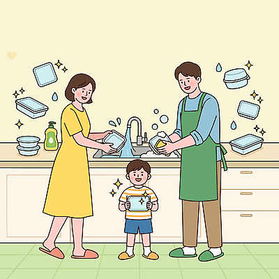 식기 어린이 일러스트 가족 모션 엄마 주방용품 함께함 웃음 일상 생활 물 주방 작업 아빠 세척 청소 국내일러스트 AI파일 자연요소 생활용품 컨셉 관계 표정 사람 라이프 파일형식 벡터