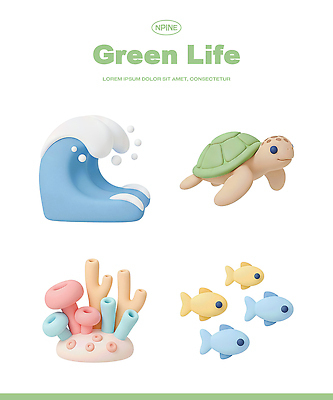 PSD 편집이미지 파도 바다 생물 어류 세트 환경 산호 거북이 편집3D 파충류 3D 수중동물 자포동물 파일형식