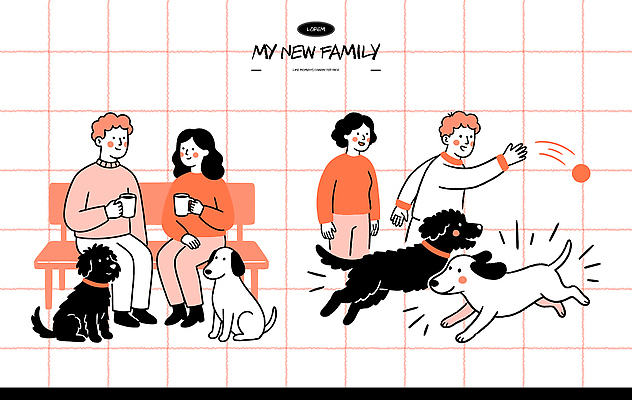 동물 행복 반려견 커피 벤치 일러스트 가족 놀이 웃음 사람 친구 반려동물 산책 개 강아지 국내일러스트 AI파일 감정 음료 의자 포유류 관계 휴식 표정 파일형식 벡터