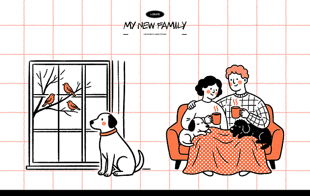 커플 행복 창 음료 일러스트 가족 집안 휴식 사람 반려동물 개 편안함 담요 즐거움 국내일러스트 AI파일 동물 감정 무기 컨셉 포유류 관계 실내 감각 파일형식 벡터