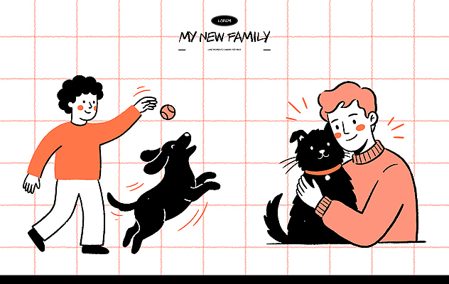 행복 어린이 일러스트 공 가족 안기 놀이 함께함 사랑 사람 친구 반려동물 달리기 개 강아지 즐거움 유대감 국내일러스트 AI파일 동물 감정 컨셉 포유류 관계 모션 파일형식 벡터