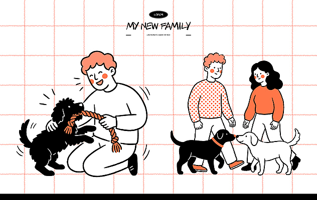 행복 일러스트 가족 놀이 사랑 사람 친구 반려동물 산책 만남 개 강아지 즐거움 상호작용 국내일러스트 AI파일 동물 감정 컨셉 포유류 관계 휴식 파일형식 벡터