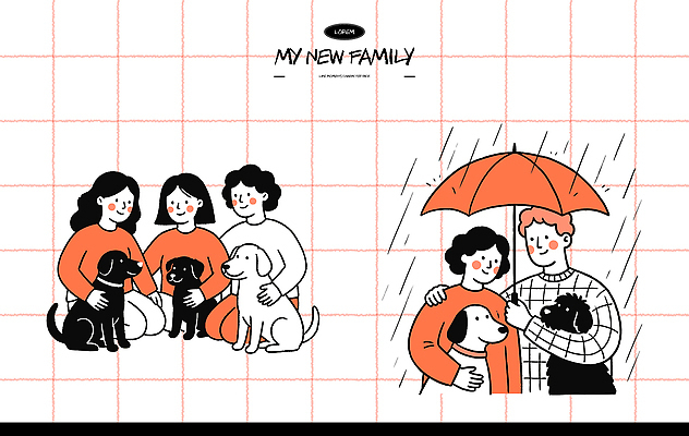 동물 반려견 일러스트 우산 가족 포옹 사랑 웃음 사람 친구 반려동물 기쁨 그룹 개 강아지 외출 국내일러스트 AI파일 감정 포유류 관계 안기 표정 파일형식 벡터