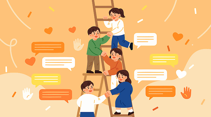 말풍선 일러스트 사다리 협력 함께함 이야기 웃음 여러명 도움 사회 높이 즐거움 참여 국내일러스트 AI파일 감정 다수 컨셉 표정 사람 도구 공동체 파일형식 벡터