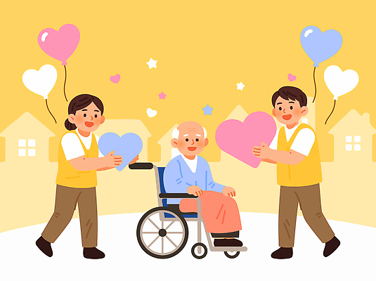 노년 행복 일러스트 함께함 사랑 사람 하트 봉사 사회 간호 휠체어 풍선 기부 도와주기 돌봄 배려 연대 국내일러스트 AI파일 모양 감정 컨셉 모션 성인 도움 공동체 파일형식 벡터