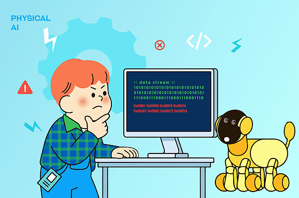 어린이 생각 일러스트 기술 소년 친구 전자제품 반려동물 학습 컴퓨터 스크린 자료 작업 강아지 로봇 고민 개발 이진수 프로그래밍 AI_인공지능 국내일러스트 AI파일 동물 교육 남자 감정 관계 사람 개 파일형식 벡터