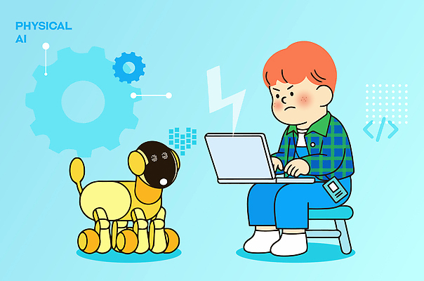 캐릭터 교육 어린이 일러스트 기술 노트북 학습 컴퓨터 기계 작업 강아지 로봇 오브젝트 창의성 프로그램 상호작용 AI_인공지능 국내일러스트 AI파일 사람 전자제품 반려동물 개 파일형식 벡터