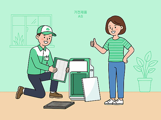 포즈 일러스트 실내 대화 가전제품 작업 도움 기술자 수리 청소 고장 고객 서비스 만족 공기청정기 교체 필터 국내일러스트 AI파일 직업 감정 컨셉 말하기 내부 파일형식 벡터