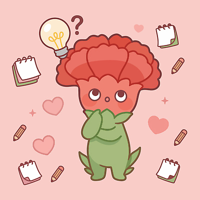 캐릭터 꽃 생각 일러스트 연필 귀여움 메모지 카네이션 고민 감사 국내일러스트 AI파일 식물 감정 컨셉 학용품 필기구 사무용품 파일형식 벡터