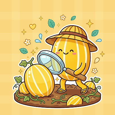 식물 캐릭터 꽃 과일 일러스트 밝음 여름 농작물 농장 노란색 귀여움 농사 수확 즐거움 참외 확대경 아기자기 국내일러스트 AI파일 계절 감정 컬러 컨셉 농업 파일형식 벡터
