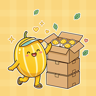 캐릭터 디자인 과일 일러스트 포장 디저트 웃음 상자 노란색 귀여움 수확 즐거움 참외 국내일러스트 AI파일 감정 음식 컬러 컨셉 농업 표정 파일형식 벡터