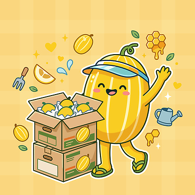캐릭터 과일 일러스트 모션 웃음 상자 농장 노란색 기쁨 물뿌리개 참외 국내일러스트 AI파일 감정 컬러 농업 표정 파일형식 벡터