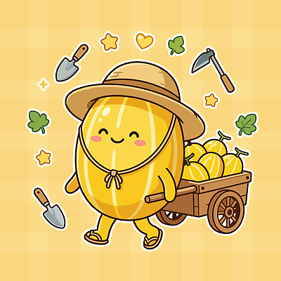 식물 캐릭터 행복 과일 일러스트 여름 농장 노란색 농사 수레 수확 도구 샌들 참외 국내일러스트 AI파일 계절 감정 컬러 신발 농업 카트 파일형식 벡터