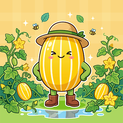 식물 캐릭터 열매 과일 일러스트 자연 웃음 여름 농작물 농장 귀여움 덩굴 참외 국내일러스트 AI파일 계절 컨셉 농업 표정 생태계 파일형식 벡터