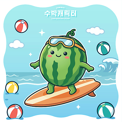 캐릭터 바다 일러스트 공 물놀이 수박 웃음 여름 서핑보드 서핑 즐거움 국내일러스트 AI파일 계절 감정 과일 놀이 표정 수상스포츠 보드_스포츠 파일형식 벡터
