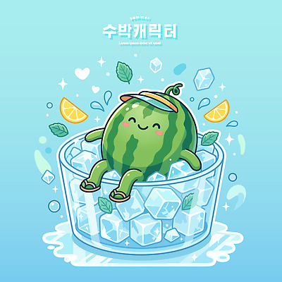 캐릭터 음료 과일 일러스트 수박 컵 여름 얼음 시원함 레몬 민트 즐거움 국내일러스트 AI파일 자연요소 식기 계절 감정 허브 파일형식 벡터