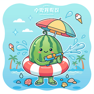 캐릭터 일러스트 물놀이 휴가 아이스크림 수박 수영장 물 여름 파란색 즐거움 튜브 물총 국내일러스트 AI파일 자연요소 계절 감정 컬러 과일 놀이 디저트 파일형식 벡터