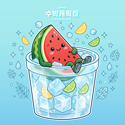 캐릭터 과일 일러스트 수박 웃음 컵 여름 얼음 물방울 시원함 레몬 라임 국내일러스트 AI파일 자연요소 식기 계절 표정 파일형식 벡터