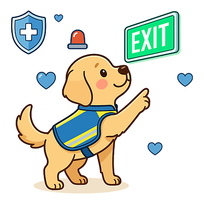 일러스트 출입구 경고 안전 파란색 가리킴 조끼 도움 강아지 국내일러스트 AI파일 컬러 컨셉 손짓 반려동물 외투 개 파일형식 벡터