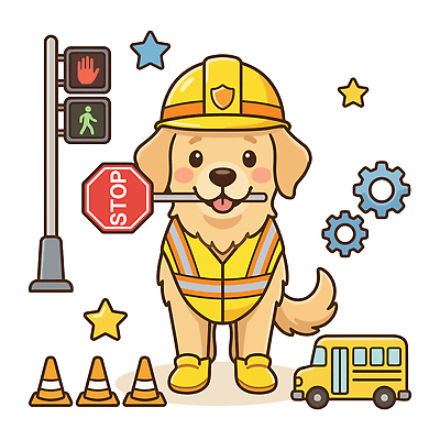 교통 일러스트 자동차 안전 환경 표지판 강아지 안전모 신호등 스쿨버스 교통안전 국내일러스트 AI파일 육상교통 버스 알림판 반려동물 개 헬멧 안전장비 파일형식 벡터