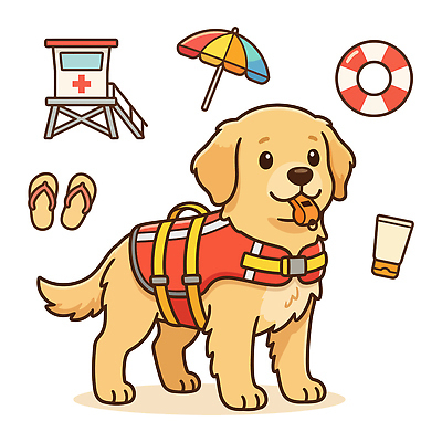 일러스트 안전 여름 강아지 샌들 구명조끼 구조대 국내일러스트 AI파일 계절 신발 반려동물 구출 개 구조용품 파일형식 벡터