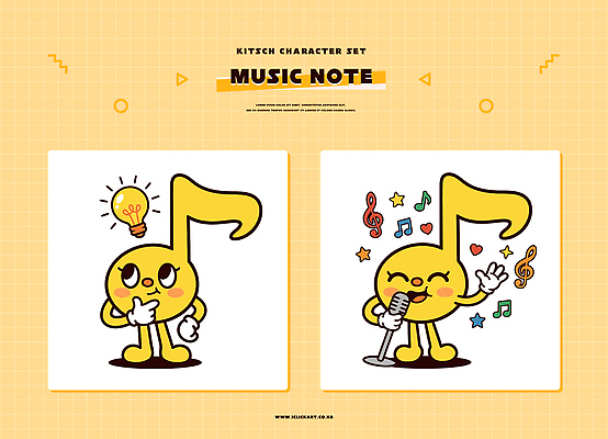 캐릭터 음표 일러스트 노래 아이디어 노란색 유머 마이크 즐거움 일러캐릭터 AI파일 기호 감정 음악 컬러 음향기기 컨셉 파일형식 벡터
