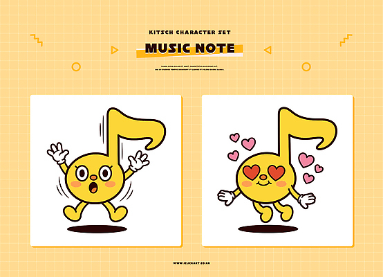캐릭터 음표 일러스트 사랑 노란색 귀여움 놀람 하트 즐거움 일러캐릭터 AI파일 모양 기호 감정 음악 컬러 컨셉 표정 파일형식 벡터