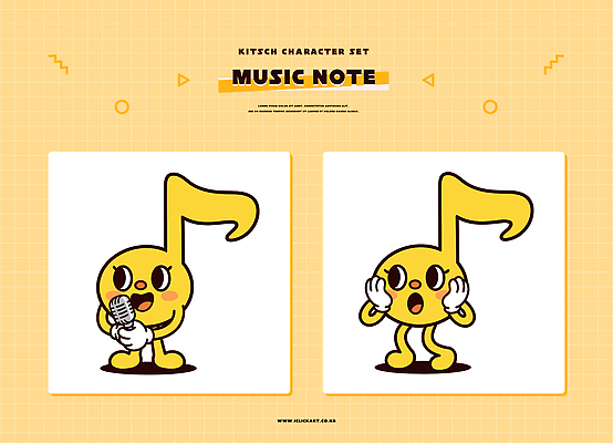 캐릭터 음표 일러스트 세트 노란색 놀람 마이크 즐거움 일러캐릭터 AI파일 기호 감정 음악 컬러 음향기기 표정 파일형식 벡터