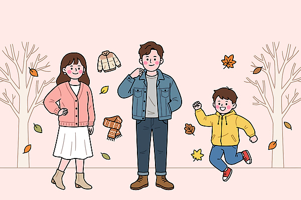 나무 옷 여자 남자 어린이 컬러 일러스트 가족 모션 나뭇잎 건강 웃음 장식 재킷 청바지 스웨터 즐거움 환절기 국내일러스트 AI파일 식물 계절 감정 상의 잎 바지 관계 표정 사람 외투 파일형식 벡터