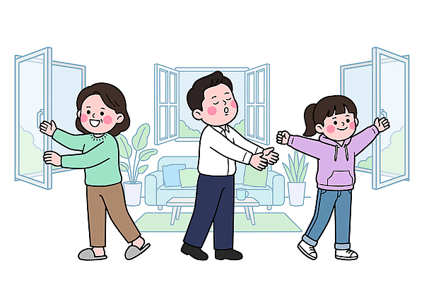 식물 여자 남자 일러스트 창문 가족 모션 실내 건강 웃음 사람 소녀 생활 소파 공간 방 오픈 환기 환절기 국내일러스트 AI파일 계절 어린이 의자 관계 표정 내부 파일형식 벡터