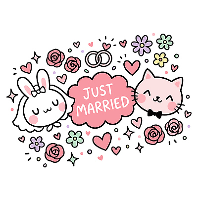 캐릭터 디자인 커플 꽃 행복 결혼 일러스트 결혼식 사랑 웃음 장식 귀여움 고양이 하트 축하 토끼 결혼반지 국내일러스트 AI파일 모양 식물 감정 컨셉 포유류 관계 표정 이벤트 반려동물 반지 파일형식 벡터