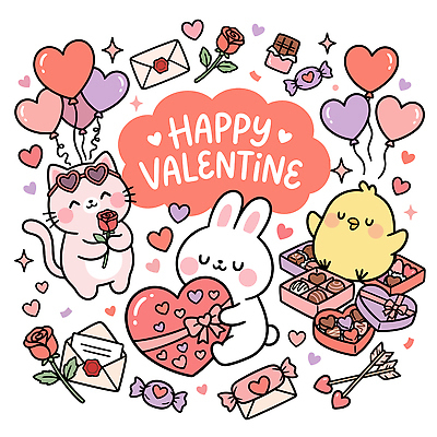 기념일 꽃 일러스트 발렌타인데이 병아리 사탕 선물 사랑 초콜릿 고양이 하트 토끼 편지 풍선 국내일러스트 AI파일 모양 식물 감정 포유류 데이이벤트 조류 디저트 이벤트 반려동물 파일형식 벡터