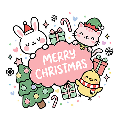 캐릭터 크리스마스 겨울 일러스트 병아리 사탕 선물 장식 크리스마스트리 파티 고양이 토끼 즐거움 설렘 국내일러스트 AI파일 계절 기념일 감정 포유류 조류 디저트 이벤트 반려동물 파일형식 벡터