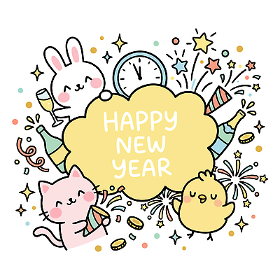 동물 캐릭터 별 음료 시계 일러스트 새해 폭죽 병아리 웃음 파티 고양이 축하 토끼 즐거움 해피뉴이어 국내일러스트 AI파일 자연요소 감정 컨셉 포유류 조류 표정 이벤트 반려동물 새해인사 파일형식 벡터