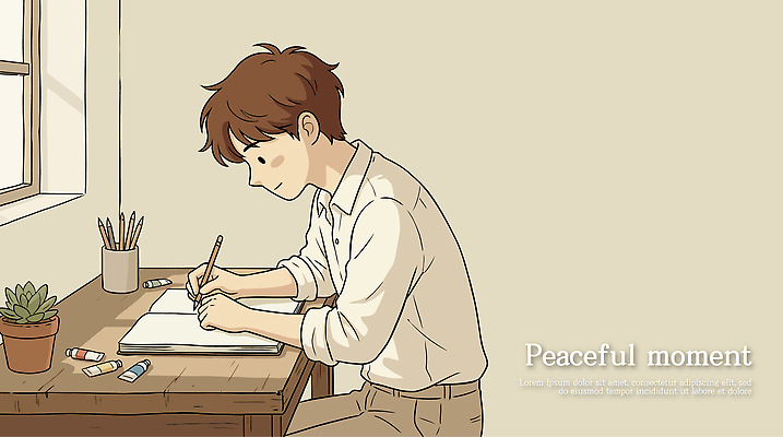 식물 남자 일러스트 창문 일상 펜 평화 공책 물감 기록 작업 서재 편안함 집중 창가 책상 국내일러스트 AI파일 가구 컨셉 문구용품 사람 라이프 필기구 미술도구 감각 파일형식 벡터