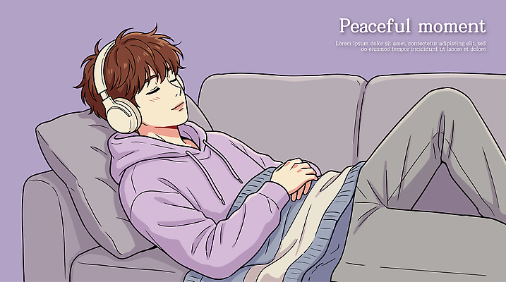 남자 음악 일러스트 휴식 일상 소파 평화 보라색 헤드폰 감상 편안함 장면 혼자 국내일러스트 AI파일 컬러 음향기기 컨셉 의자 문화예술 사람 라이프 감각 파일형식 벡터