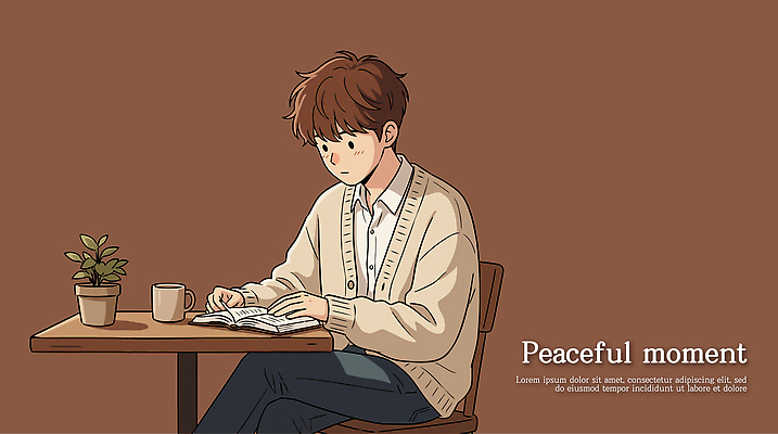 식물 남자 생각 일러스트 탁자 휴식 일상 책 컵 평화 공간 카페 시간 분위기 집중 읽기 조용 국내일러스트 AI파일 식기 가구 컨셉 모션 사람 라이프 상점 파일형식 벡터