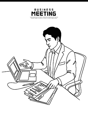남자 종이 라인일러스트 일러스트 비즈니스 회의 협력 아이디어 직장 대화 노트북 자료 업무 작업 회의실 문서 파일 서류판 국내일러스트 AI파일 컨셉 회사 말하기 사람 전자제품 사무용품 파일형식 벡터