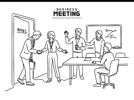 라인일러스트 일러스트 비즈니스 회의 직장 대화 여러명 사무실 손잡기 만남 계획 회의실 준비 국내일러스트 AI파일 다수 컨셉 회사 모션 말하기 사람 파일형식 벡터