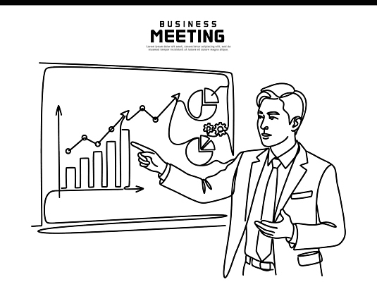 남자 라인일러스트 일러스트 회사 비즈니스 회의 그래프 협력 아이디어 손짓 자료 정보 성장 발표 프레젠테이션 분석 회의실 화이트보드 전략 국내일러스트 AI파일 컨셉 모션 사람 파일형식 벡터
