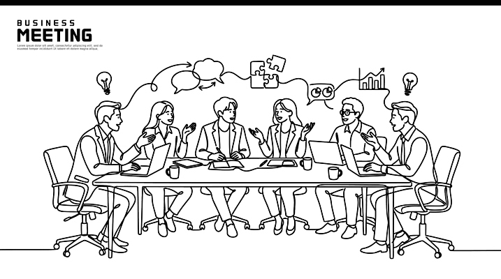 라인일러스트 일러스트 비즈니스 탁자 회의 그래프 협력 아이디어 대화 여러명 컴퓨터 사무실 목표 토론 분석 문서 전략 국내일러스트 AI파일 가구 다수 컨셉 말하기 사람 전자제품 파일형식 벡터