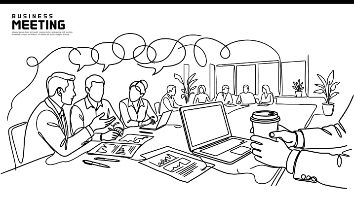 커피 라인일러스트 일러스트 비즈니스 탁자 회의 협력 대화 여러명 노트북 사무실 자료 업무 그룹 계획 토론 회의실 의견 진행 국내일러스트 AI파일 음료 가구 다수 컨셉 말하기 사람 전자제품 작업 파일형식 벡터