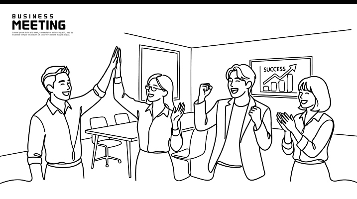 라인일러스트 일러스트 비즈니스 성공 회의 협력 웃음 여러명 사무실 기쁨 축하 그룹 목표 결과 동료 기회 리더쉽 의사소통 국내일러스트 AI파일 감정 다수 컨셉 관계 표정 사람 파일형식 벡터