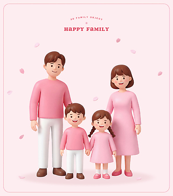 PSD 편집이미지 행복 어린이 분홍색 백그라운드 가족 미소 부모 손잡기 봄 자녀 즐거움 오브젝트 편집3D 계절 감정 컬러 관계 모션 표정 사람 3D 파일형식