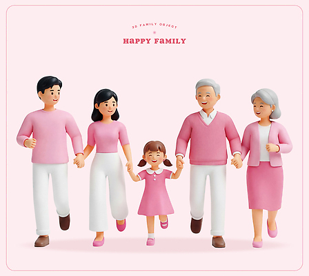 PSD 편집이미지 할아버지 행복 할머니 어린이 분홍색 가족 엄마 사랑 미소 걷기 손잡기 봄 아빠 편집3D 계절 여자 노년 남자 감정 컬러 관계 모션 표정 사람 3D 파일형식