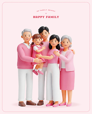 PSD 편집이미지 행복 어린이 분홍색 가족 포옹 함께함 사랑 웃음 부모 봄 즐거움 조부모 편집3D 계절 감정 컬러 컨셉 관계 안기 표정 사람 3D 파일형식