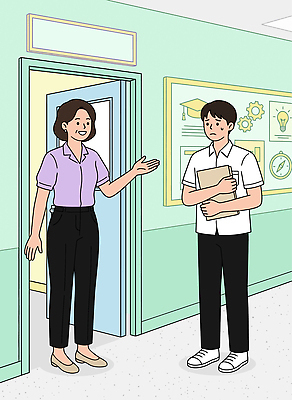 학생 교육 일러스트 교실 안내 이야기 대화 설명 학습 문 교사 만남 상담 소통 진로 국내일러스트 AI파일 직업 컨셉 학교 모션 말하기 파일형식 벡터